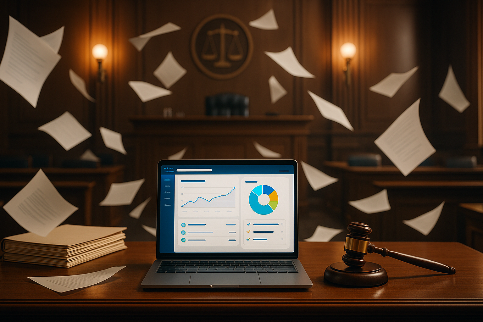 Alibi dashboard showing legal case tracking with data visualizations, gavel, and legal documents